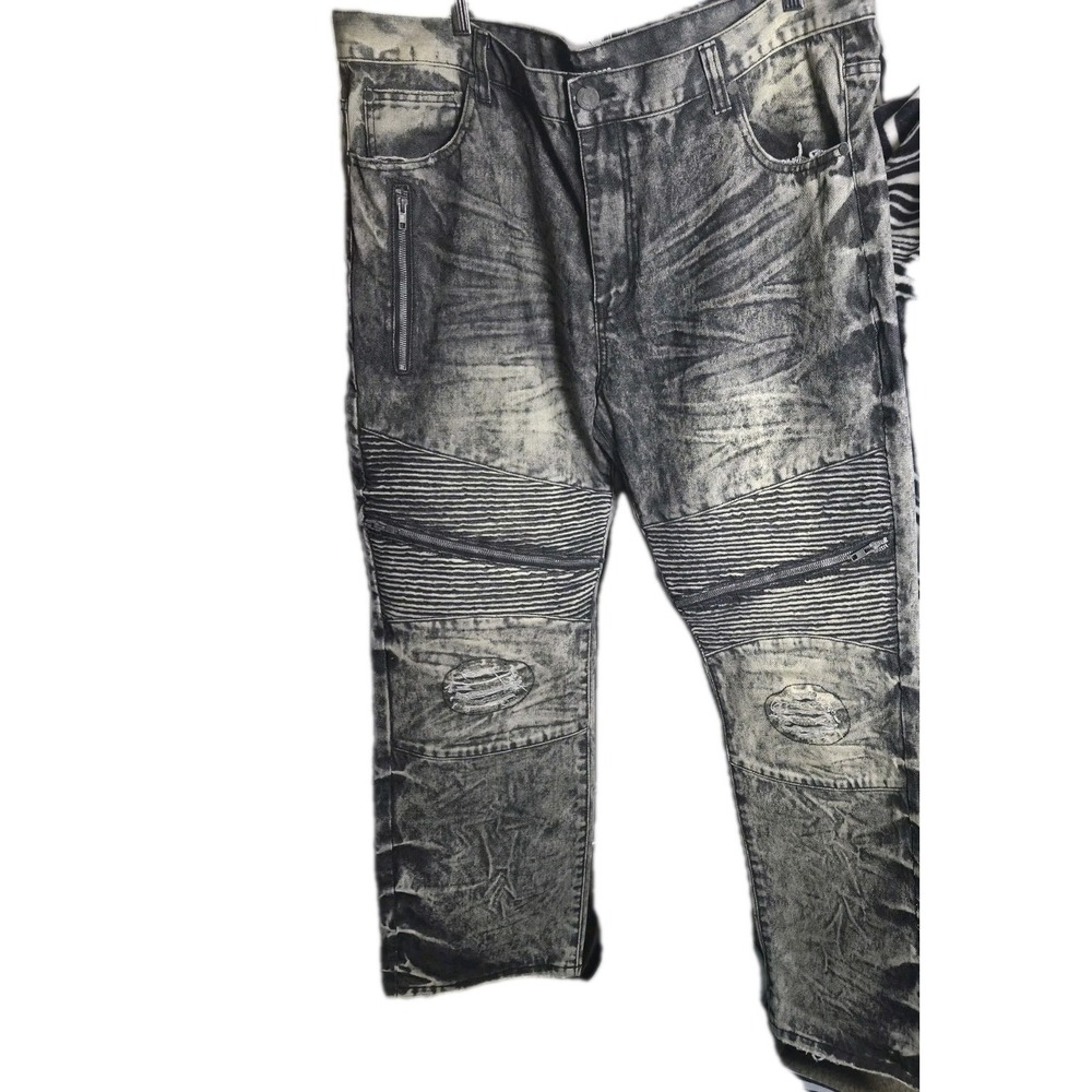 Moto Biker Distressed Jeans Men's 44x32‎ Gray Acid Wash Ribbed Knee Zipper...